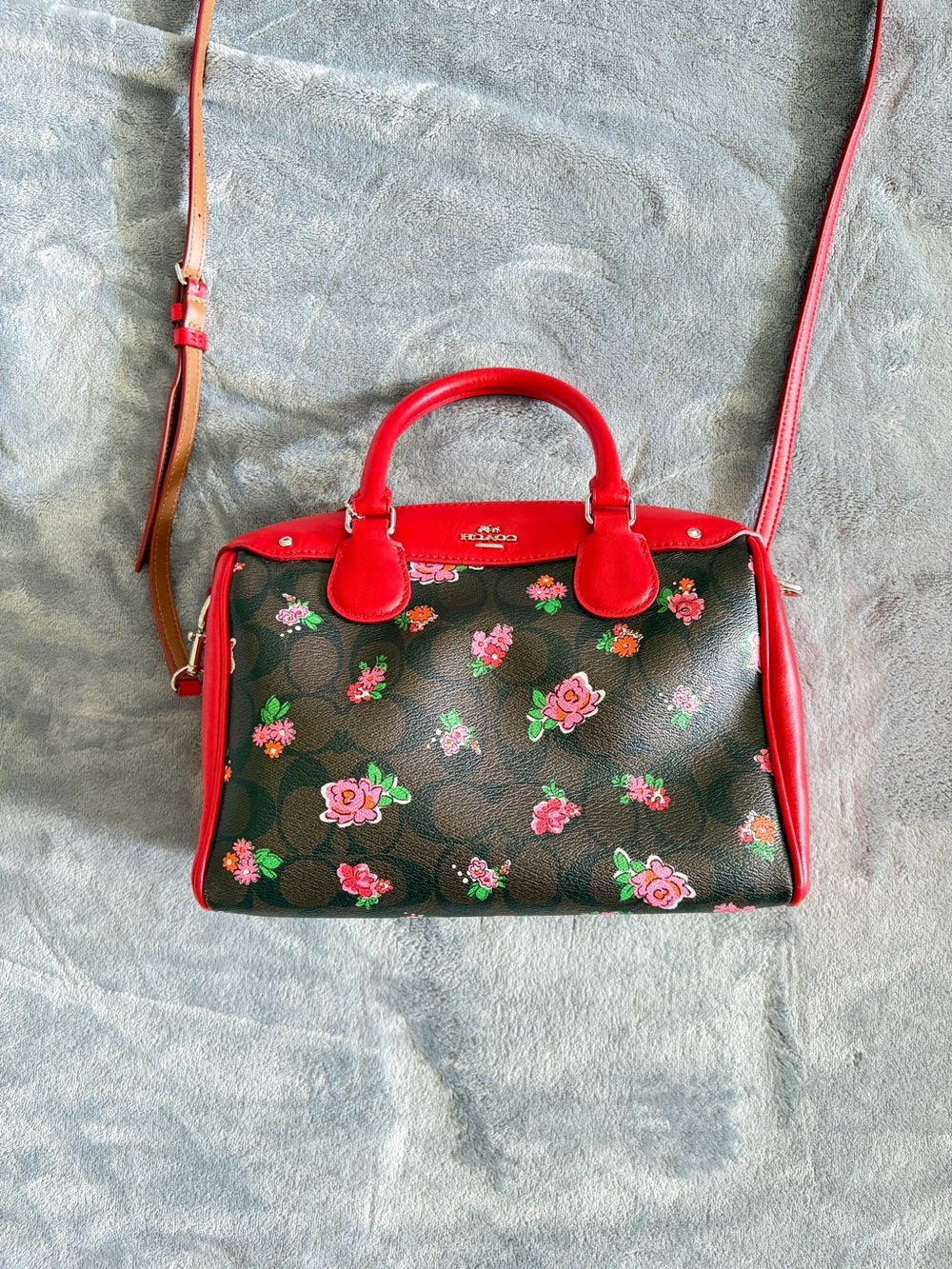 Coach Brown Signature Satchel with Red Trim and Pink Floral Print